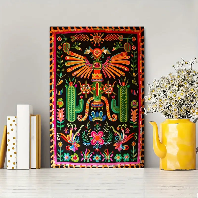 Vibrant Aztec Art Print – Framed Canvas Wall Decor with Bold Geometric Patterns, 30x40cm Tribal-Inspired Painting for Living Room, Office, or Studio
