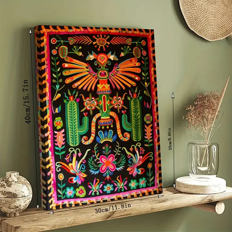 Vibrant Aztec Art Print – Framed Canvas Wall Decor with Bold Geometric Patterns, 30x40cm Tribal-Inspired Painting for Living Room, Office, or Studio