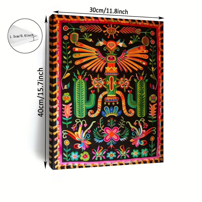 Vibrant Aztec Art Print – Framed Canvas Wall Decor with Bold Geometric Patterns, 30x40cm Tribal-Inspired Painting for Living Room, Office, or Studio