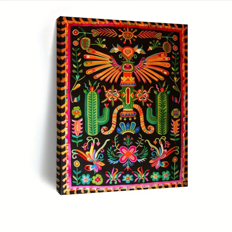 Vibrant Aztec Art Print – Framed Canvas Wall Decor with Bold Geometric Patterns, 30x40cm Tribal-Inspired Painting for Living Room, Office, or Studio