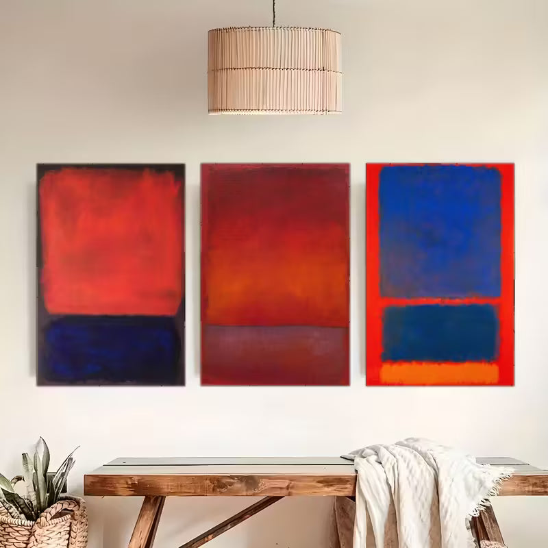 Modern Red & Blue Art Print Set – 3 Framed Wall Decor Pieces, Contemporary Abstract Design for Home, Café, or Studio