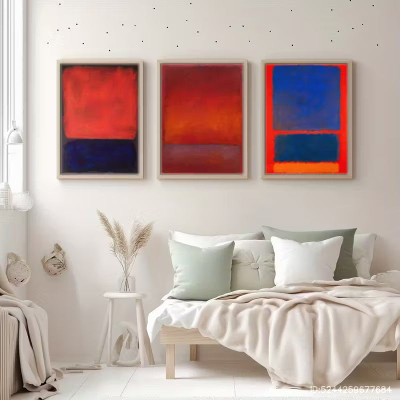 Modern Red & Blue Art Print Set – 3 Framed Wall Decor Pieces, Contemporary Abstract Design for Home, Café, or Studio