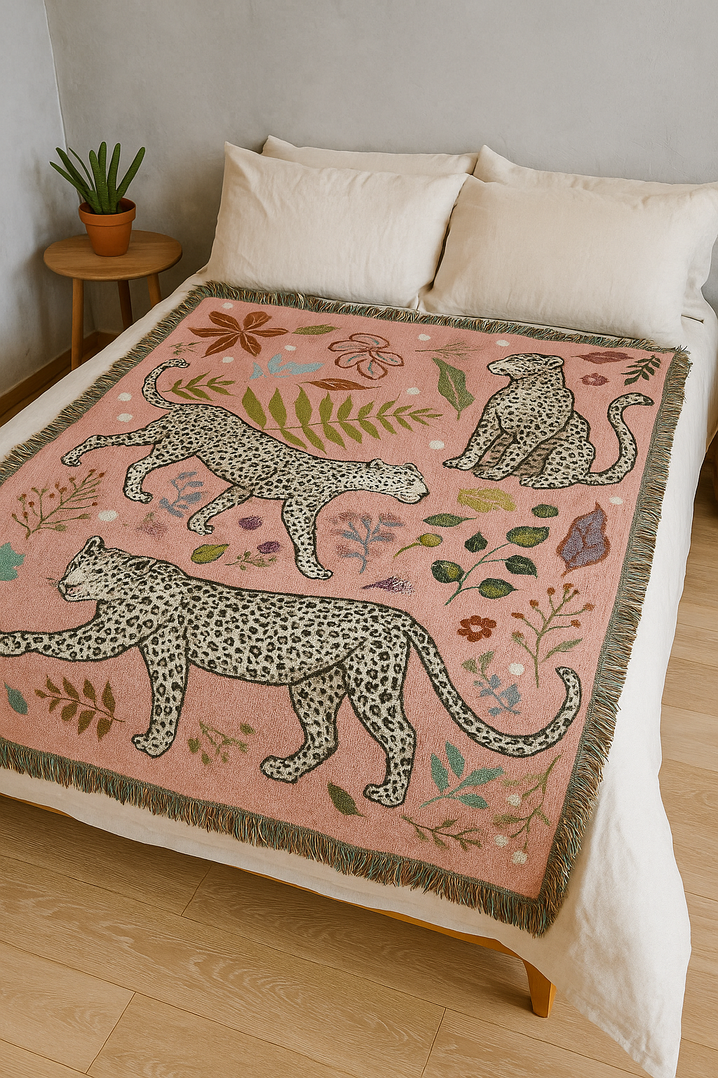 Bohemian Leopard & Botanical Woven Throw Blanket – 160×130 cm Pink Jacquard Decorative Blanket with Tassels for Sofa, Bed & Living Room